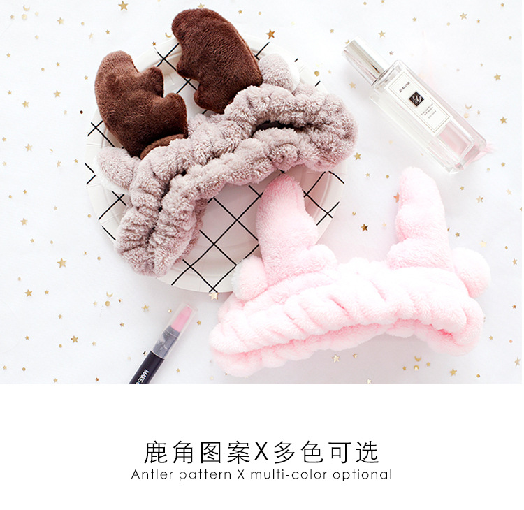 girl hair band Korean version of cute plush antler hair band flannel makeup head with facial mask wash band hair band