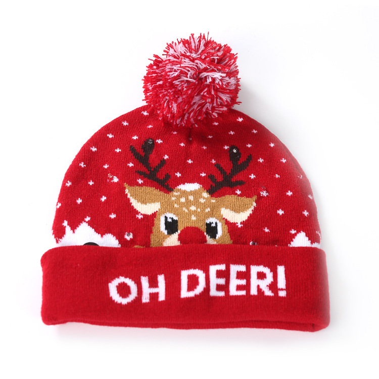 Christmas Flanging with Ball Knitted Hat with LED Christmas Hat Colorful Dazzling Light Adult and Children Halloween Decorative Hat