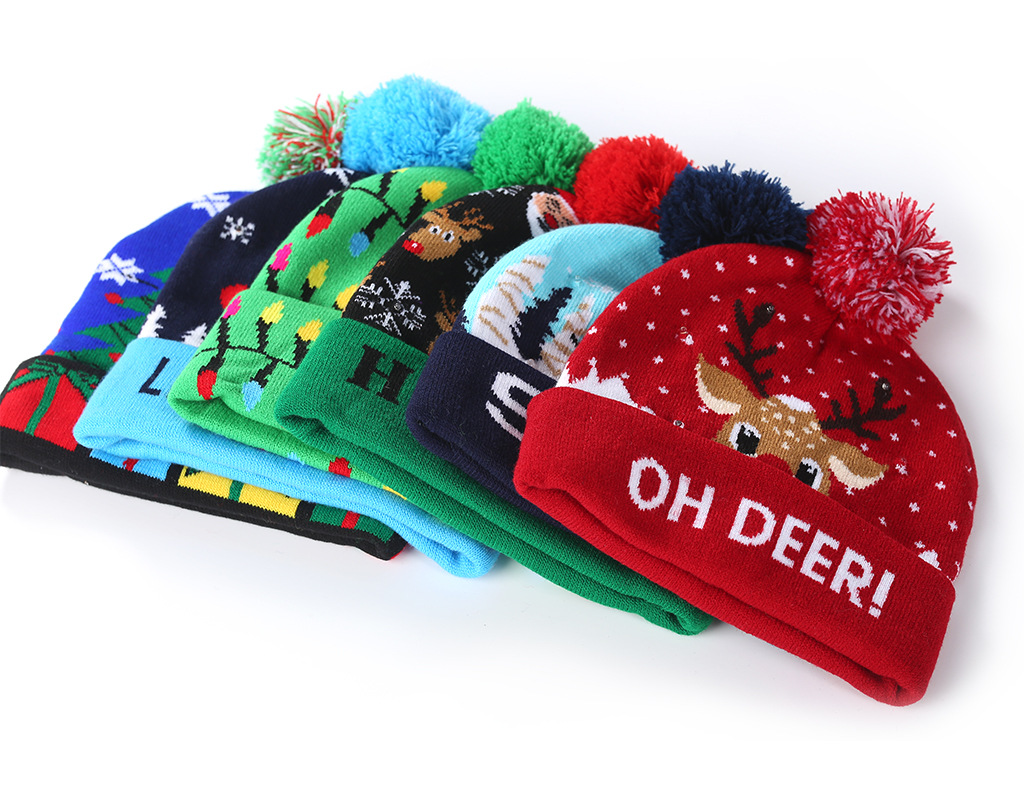 Christmas Flanging with Ball Knitted Hat with LED Christmas Hat Colorful Dazzling Light Adult and Children Halloween Decorative Hat