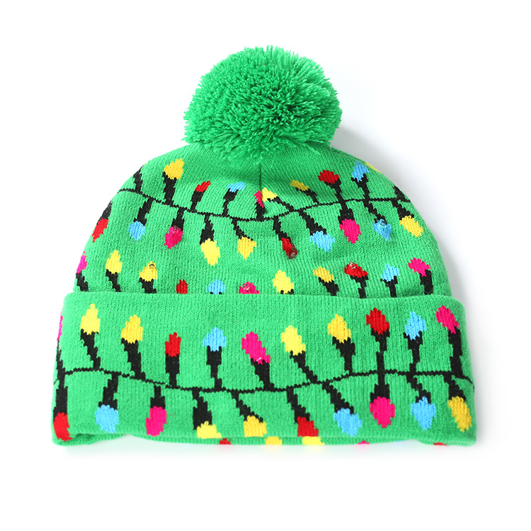 Christmas Flanging with Ball Knitted Hat with LED Christmas Hat Colorful Dazzling Light Adult and Children Halloween Decorative Hat