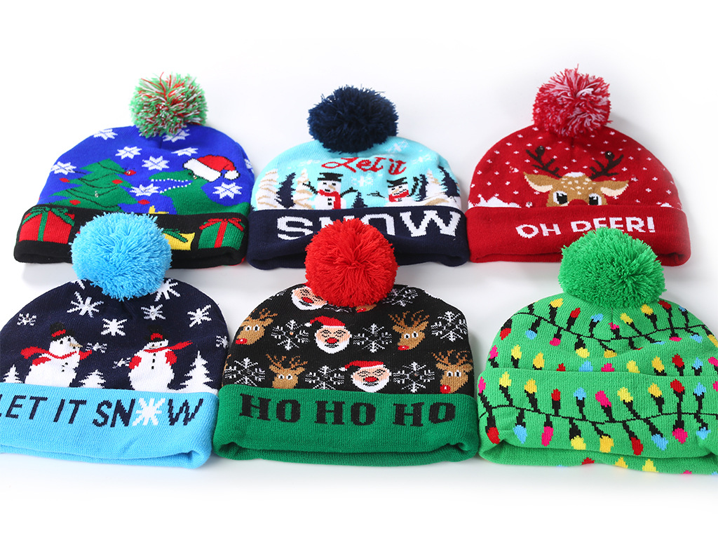 Christmas Flanging with Ball Knitted Hat with LED Christmas Hat Colorful Dazzling Light Adult and Children Halloween Decorative Hat