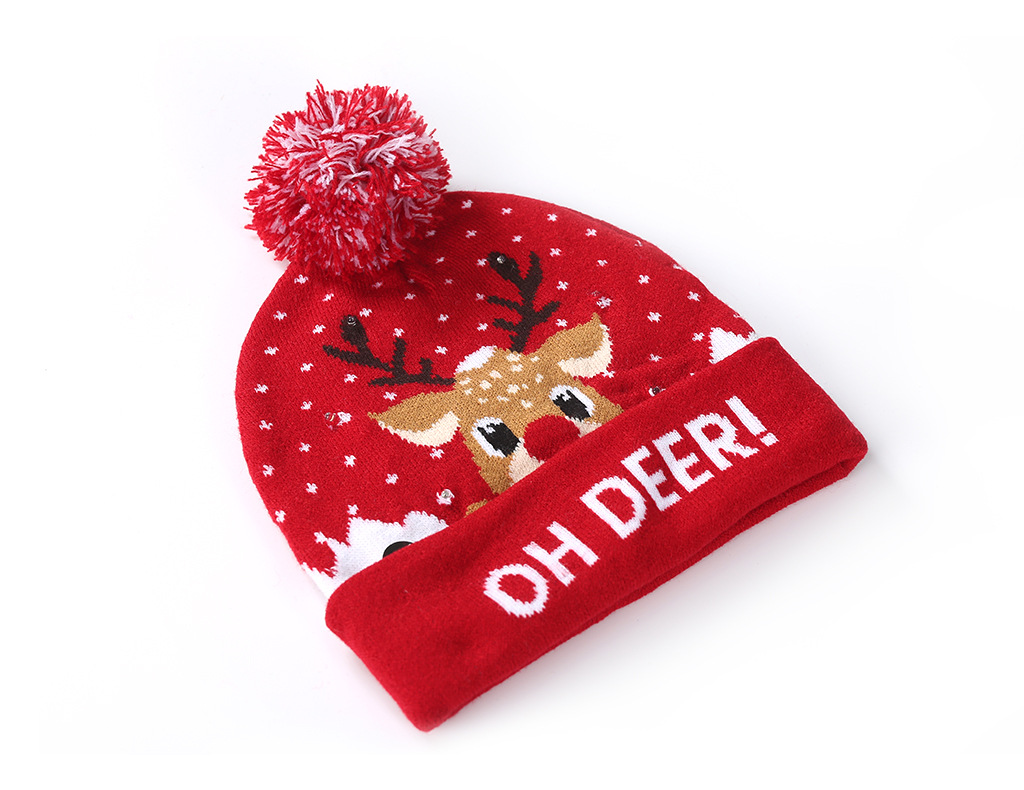 Christmas Flanging with Ball Knitted Hat with LED Christmas Hat Colorful Dazzling Light Adult and Children Halloween Decorative Hat