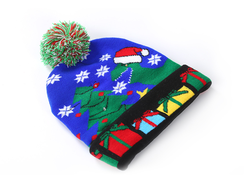 Christmas Flanging with Ball Knitted Hat with LED Christmas Hat Colorful Dazzling Light Adult and Children Halloween Decorative Hat