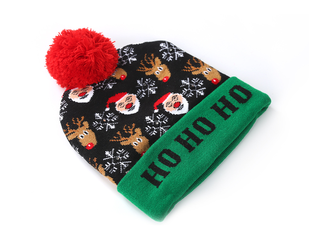 Christmas Flanging with Ball Knitted Hat with LED Christmas Hat Colorful Dazzling Light Adult and Children Halloween Decorative Hat