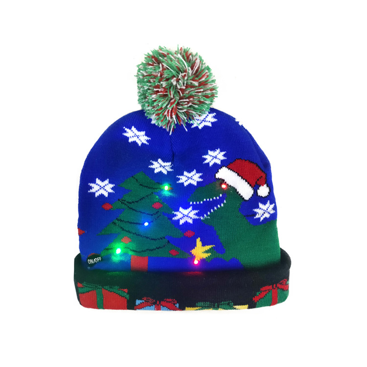 Christmas Flanging with Ball Knitted Hat with LED Christmas Hat Colorful Dazzling Light Adult and Children Halloween Decorative Hat