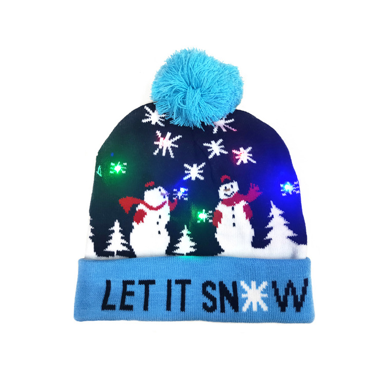 Christmas Flanging with Ball Knitted Hat with LED Christmas Hat Colorful Dazzling Light Adult and Children Halloween Decorative Hat