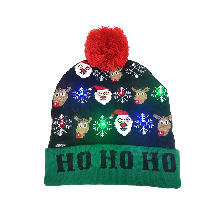 Christmas Flanging with Ball Knitted Hat with LED Christmas Hat Colorful Dazzling Light Adult and Children Halloween Decorative Hat