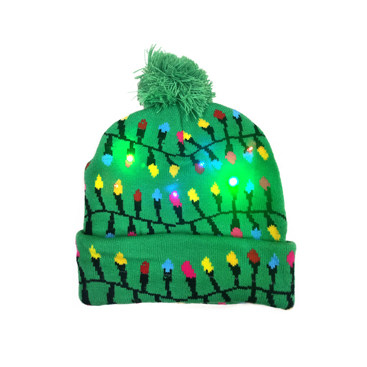 Christmas Flanging with Ball Knitted Hat with LED Christmas Hat Colorful Dazzling Light Adult and Children Halloween Decorative Hat