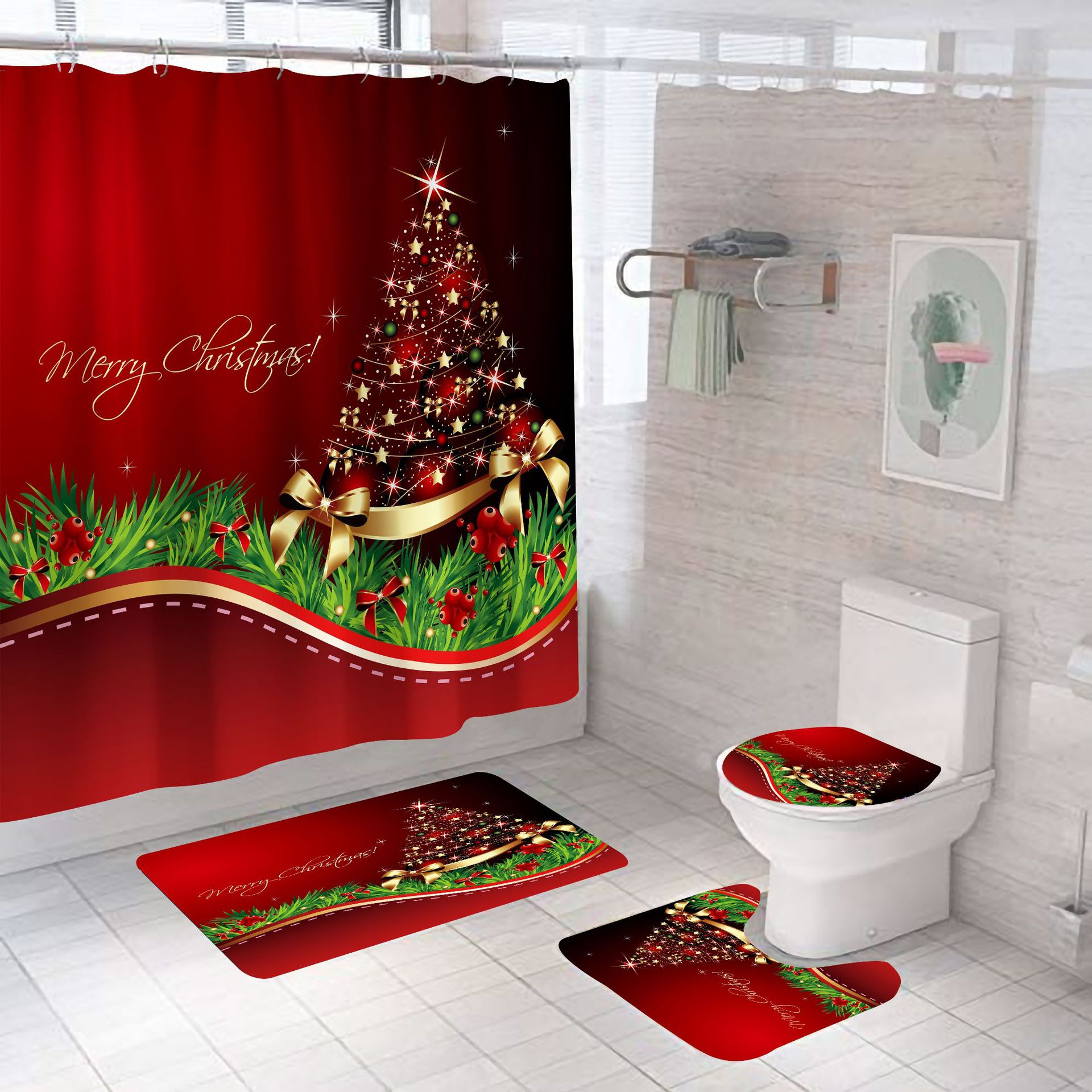 Cross-Border Hot Selling Christmas Tree Shower Curtain Set Digital Printing Polyester Shower Curtain Bathroom Curtain Punch-Free Shower Curtain Shower Curtain
