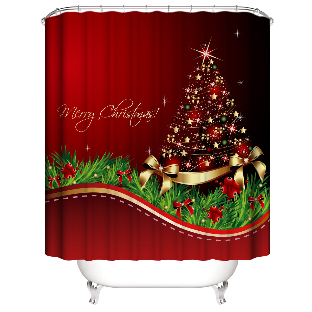 Cross-Border Hot Selling Christmas Tree Shower Curtain Set Digital Printing Polyester Shower Curtain Bathroom Curtain Punch-Free Shower Curtain Shower Curtain