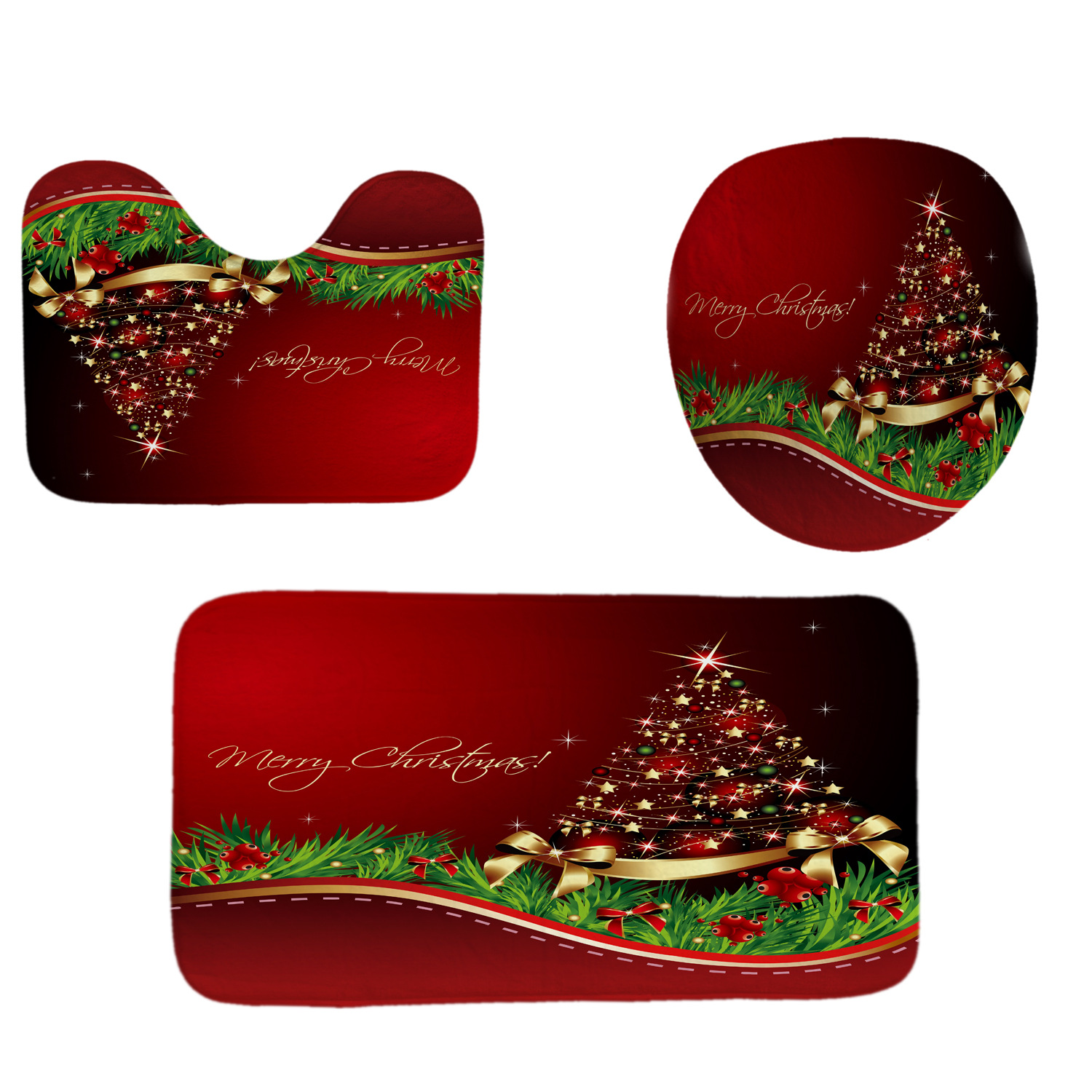 Cross-Border Hot Selling Christmas Tree Shower Curtain Set Digital Printing Polyester Shower Curtain Bathroom Curtain Punch-Free Shower Curtain Shower Curtain