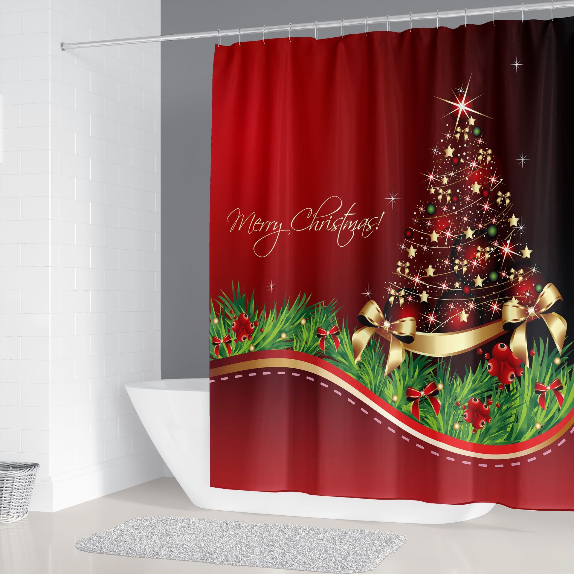 Cross-Border Hot Selling Christmas Tree Shower Curtain Set Digital Printing Polyester Shower Curtain Bathroom Curtain Punch-Free Shower Curtain Shower Curtain