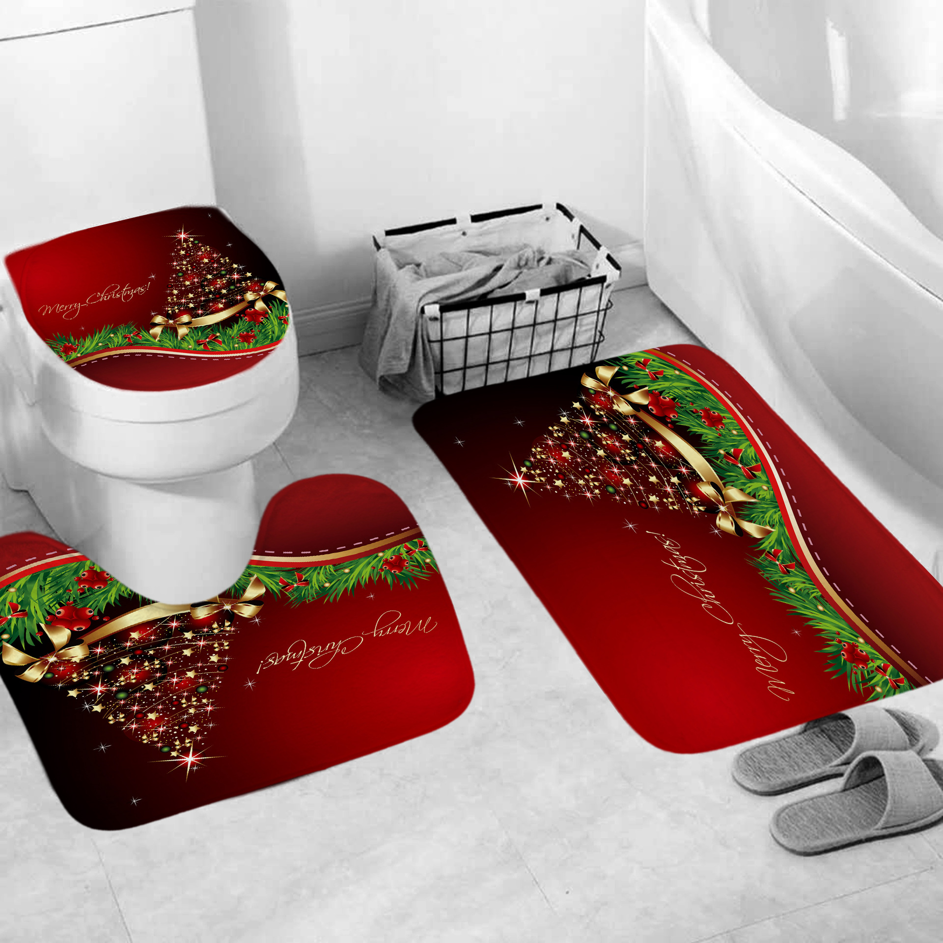 Cross-Border Hot Selling Christmas Tree Shower Curtain Set Digital Printing Polyester Shower Curtain Bathroom Curtain Punch-Free Shower Curtain Shower Curtain