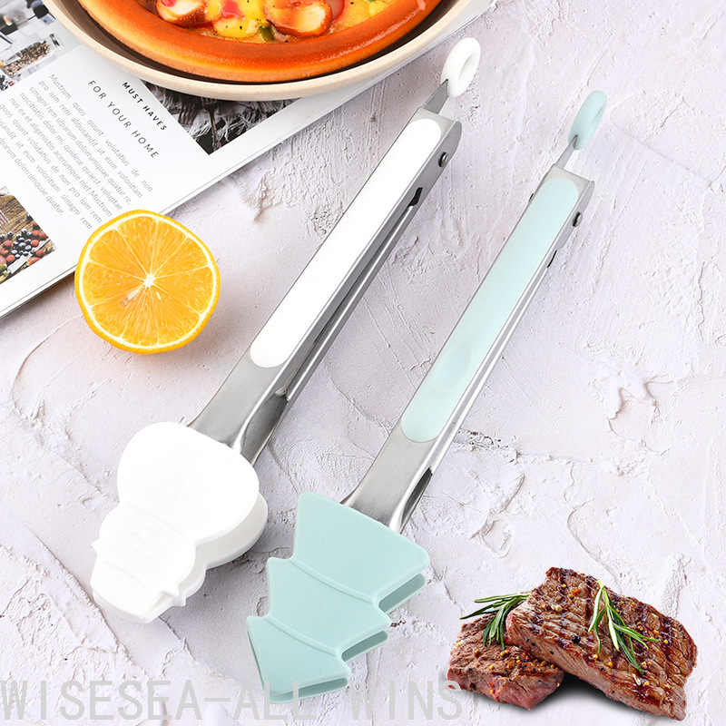 9-Inch Christmas Tree Stainless Steel Silica Gel Food Clip Food Clip Household Bread Clip Kitchen BBQ Clamp
