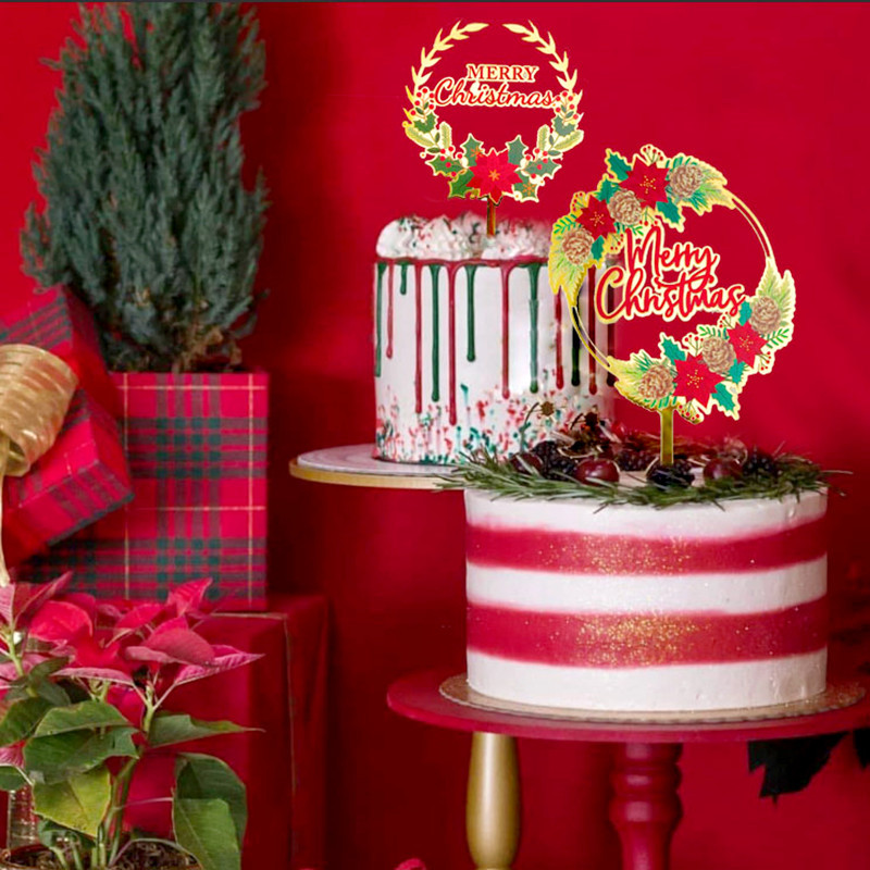 Color Printing Flowers Christmas Festival Acrylic Party Cake Ornaments Christmas Cake Plug-in Baking Cake Topper