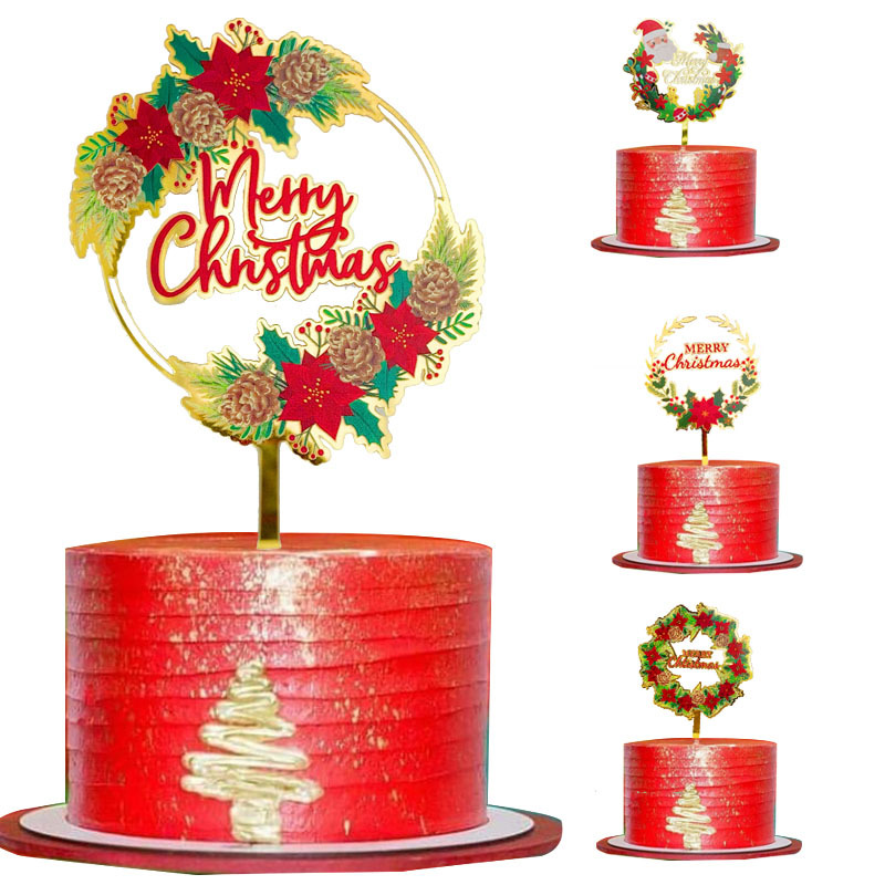 Color Printing Flowers Christmas Festival Acrylic Party Cake Ornaments Christmas Cake Plug-in Baking Cake Topper