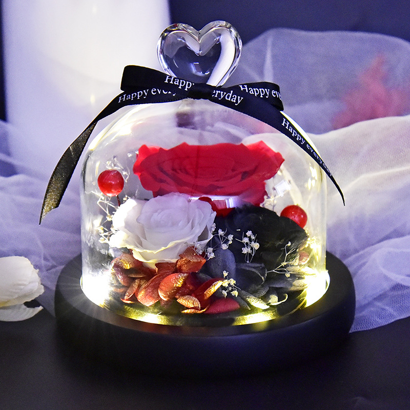 Preserved Fresh Flower Gift Christmas Valentine's Day Creative Gift Glass Cover Rose Dried Flower Manufacturer Amazon Cross-Border
