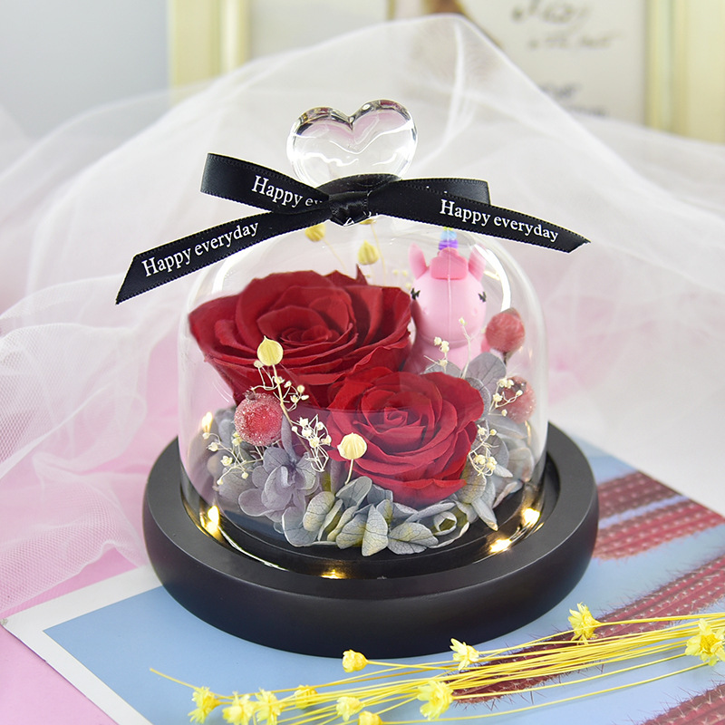 Preserved Fresh Flower Gift Christmas Valentine's Day Creative Gift Glass Cover Rose Dried Flower Manufacturer Amazon Cross-Border