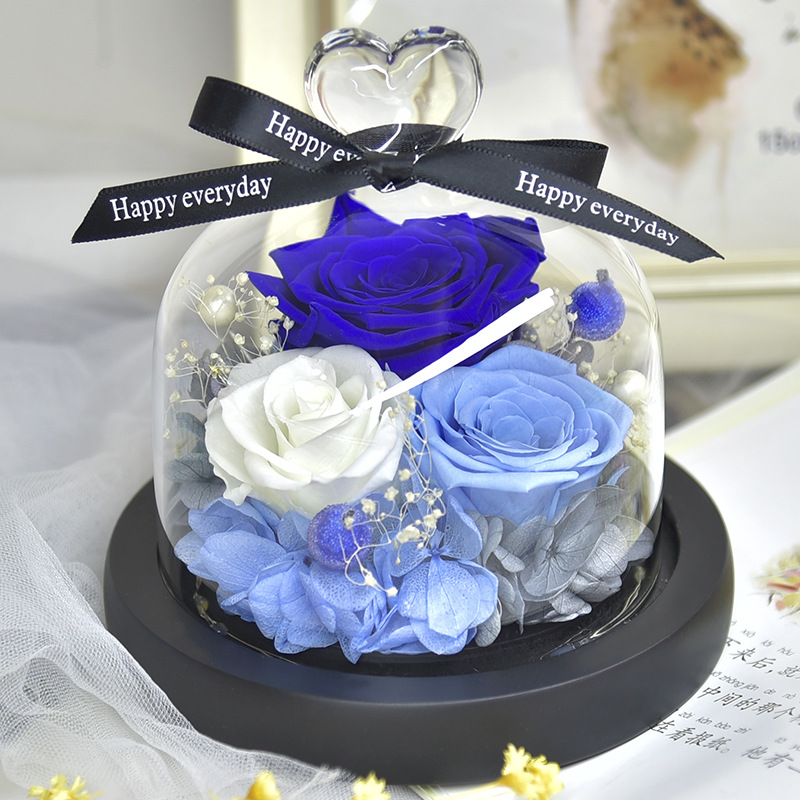 Preserved Fresh Flower Gift Christmas Valentine's Day Creative Gift Glass Cover Rose Dried Flower Manufacturer Amazon Cross-Border