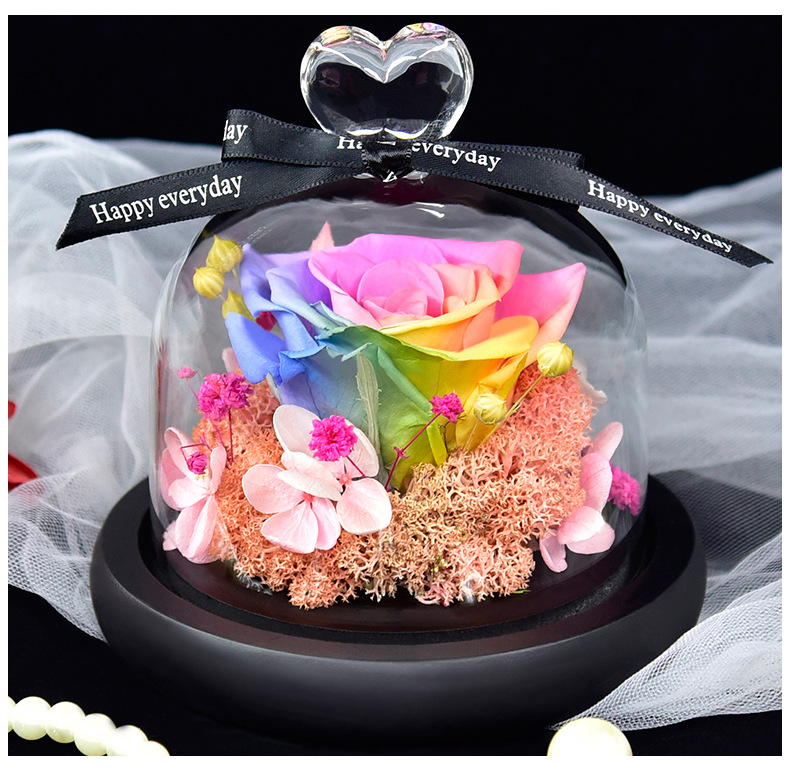 Preserved Fresh Flower Gift Christmas Valentine's Day Creative Gift Glass Cover Rose Dried Flower Manufacturer Amazon Cross-Border