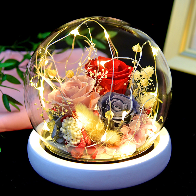 Preserved Fresh Flower Gift Christmas Valentine's Day Creative Gift Glass Cover Rose Dried Flower Manufacturer Amazon Cross-Border