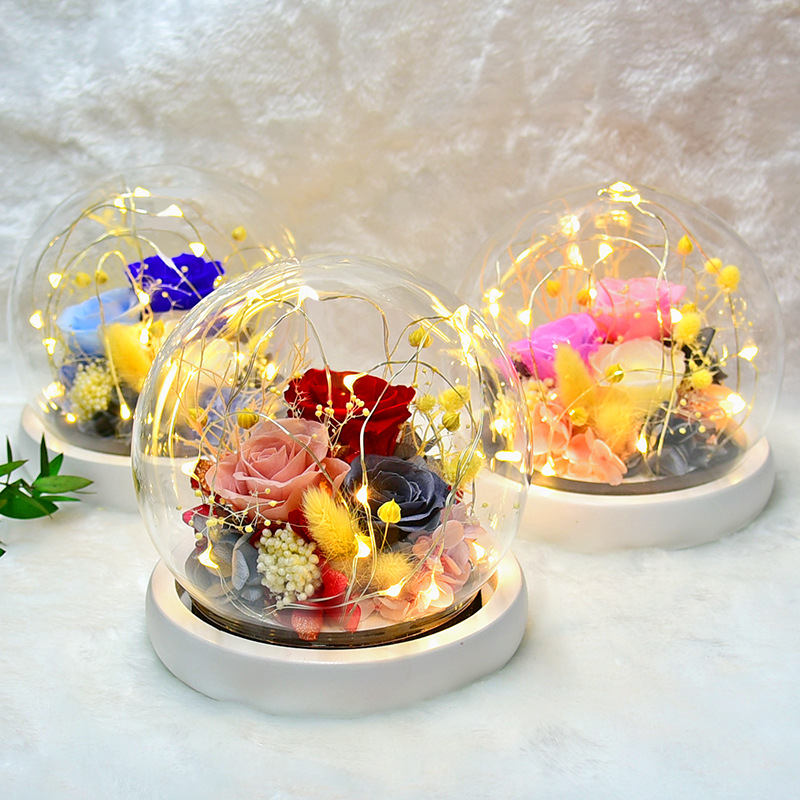 Preserved Fresh Flower Gift Christmas Valentine's Day Creative Gift Glass Cover Rose Dried Flower Manufacturer Amazon Cross-Border