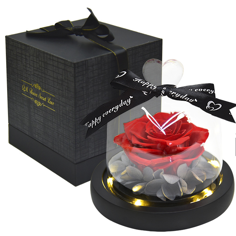 Preserved Fresh Flower Gift Christmas Valentine's Day Creative Gift Glass Cover Rose Dried Flower Manufacturer Amazon Cross-Border