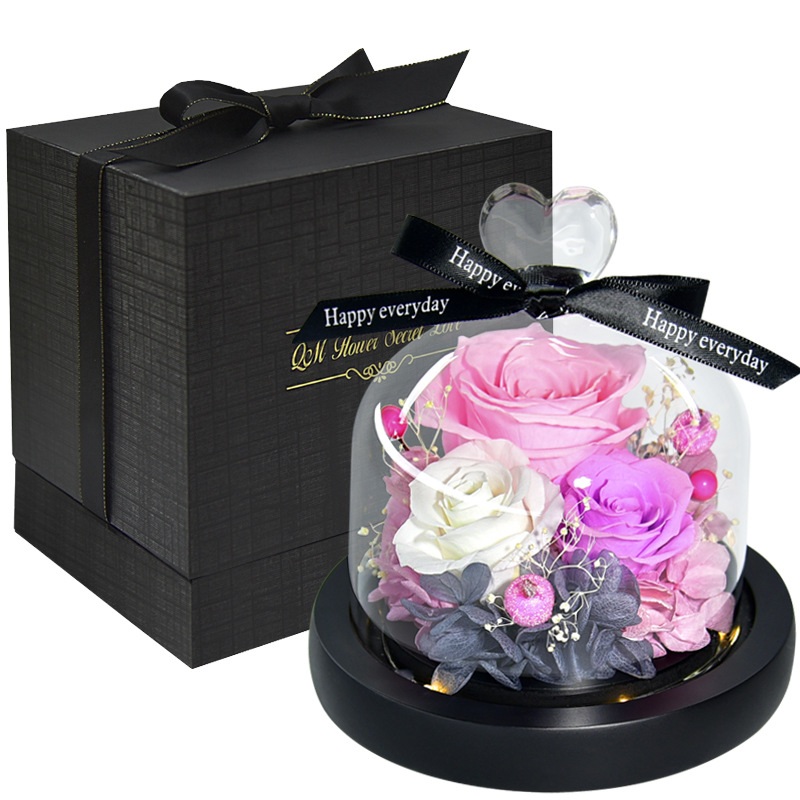 Preserved Fresh Flower Gift Christmas Valentine's Day Creative Gift Glass Cover Rose Dried Flower Manufacturer Amazon Cross-Border