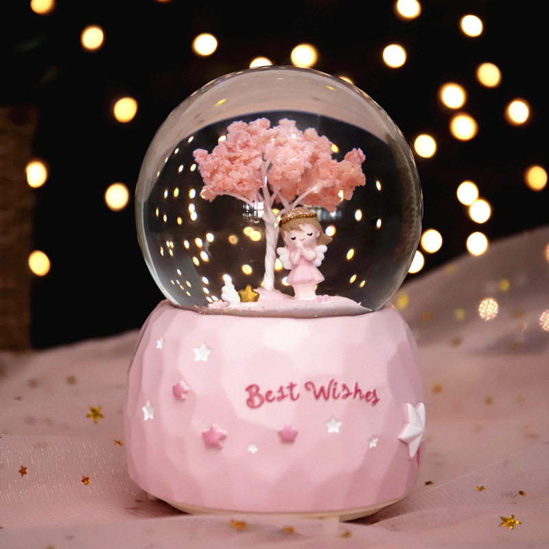 Cherry Blossom Girl Crystal Ball Pink Girls Gifts Floating Snowflake Music Box Colorful Light Decoration Christmas Gift Cherry Blossom Girl Crystal Ball Pink Girls Gifts Floating Snowflake Music Box Colorful Light Decoration Christmas Gift