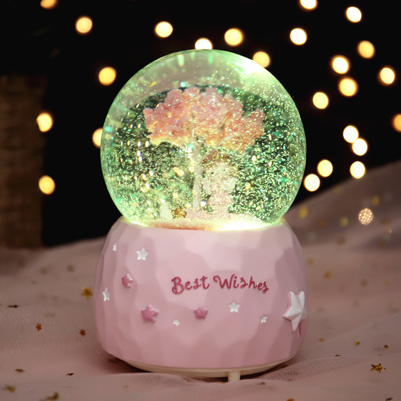 Cherry Blossom Girl Crystal Ball Pink Girls Gifts Floating Snowflake Music Box Colorful Light Decoration Christmas Gift Cherry Blossom Girl Crystal Ball Pink Girls Gifts Floating Snowflake Music Box Colorful Light Decoration Christmas Gift