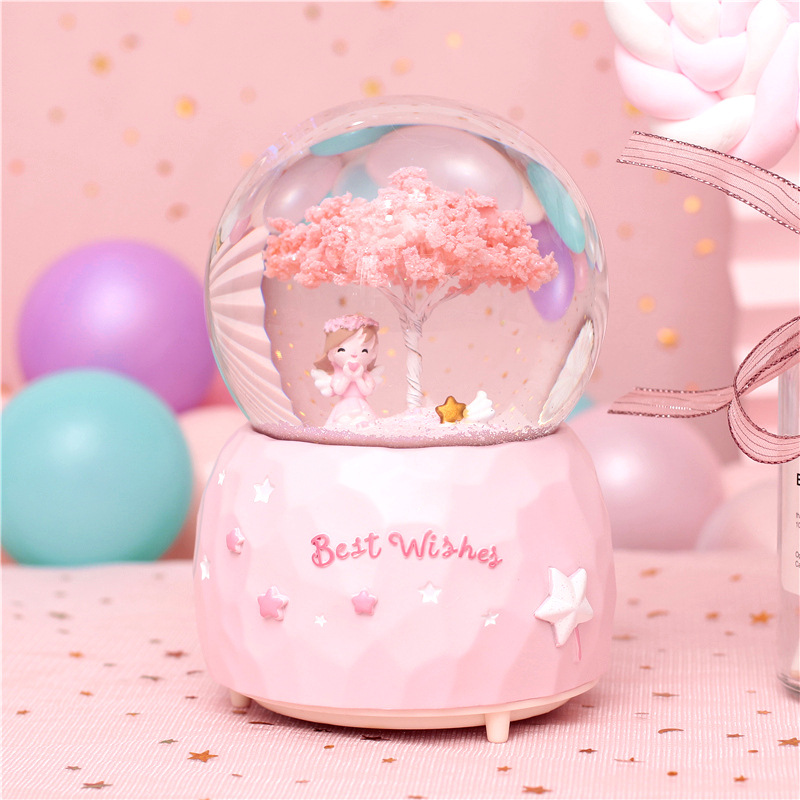 Cherry Blossom Girl Crystal Ball Pink Girls Gifts Floating Snowflake Music Box Colorful Light Decoration Christmas Gift Cherry Blossom Girl Crystal Ball Pink Girls Gifts Floating Snowflake Music Box Colorful Light Decoration Christmas Gift