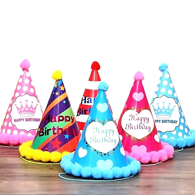 Fur Ball Birthday Hat Cake Baking Decoration Christmas Festival Children Adult Party Pompons Paper Tricorne