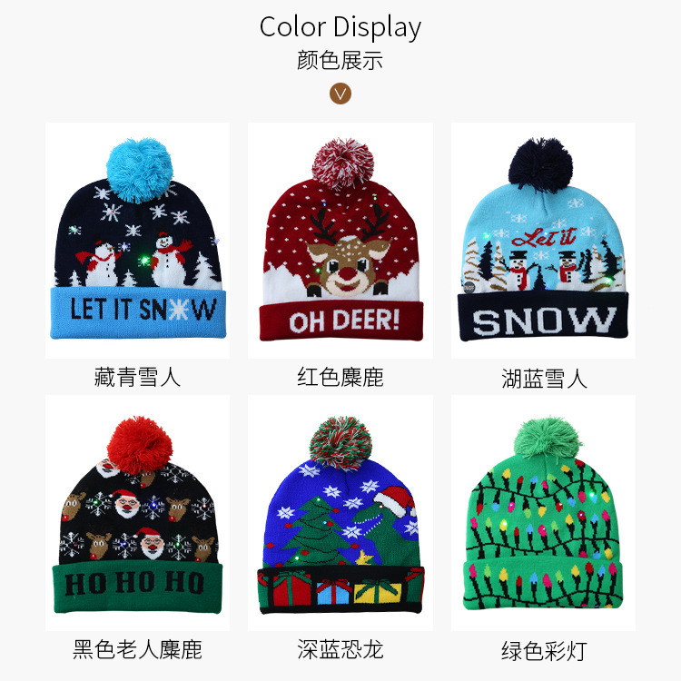 Cross-Border Autumn and Winter Fashion Christmas LED Lights Knitted Hat Colored Lights Party Warm Adult with Ball Hat Wholesale Cross-Border Autumn and Winter Fashion Christmas LED Lights Knitted Hat Colored Lights Party Warm Adult with Ball Hat Wholesale