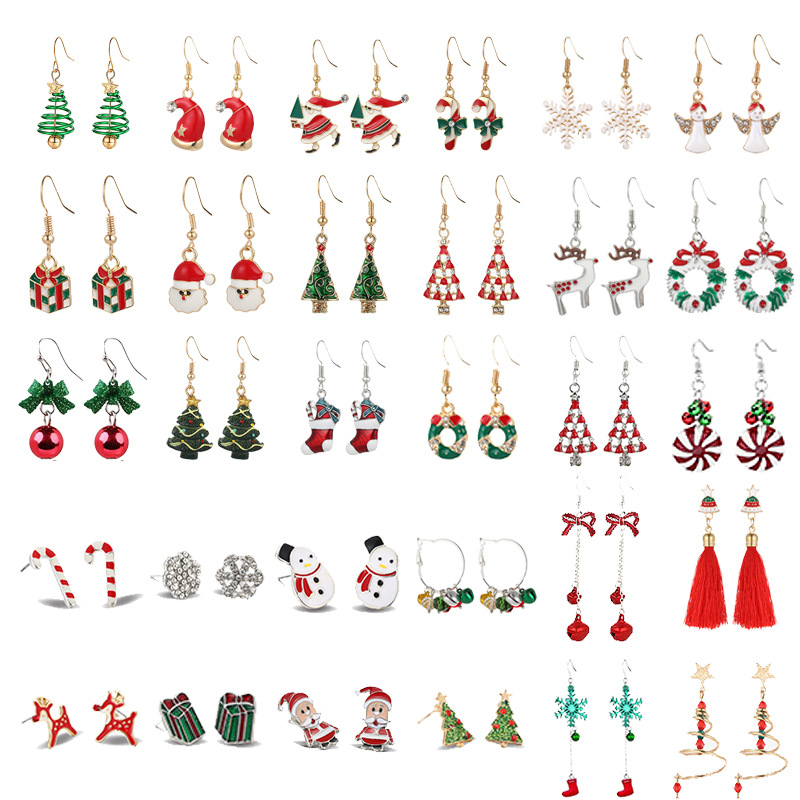 Christmas Earrings Christmas Snowflake Elk Bell Cross-Border Christmas Tree Epoxy Copper Ear Hook Pendant Customization