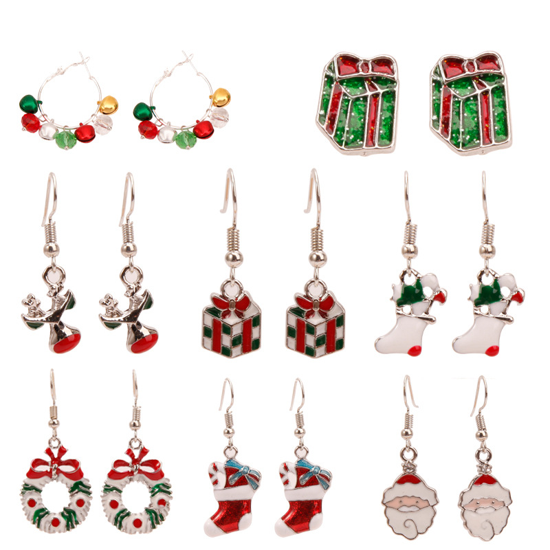 Christmas Earrings Christmas Snowflake Elk Bell Cross-Border Christmas Tree Epoxy Copper Ear Hook Pendant Customization