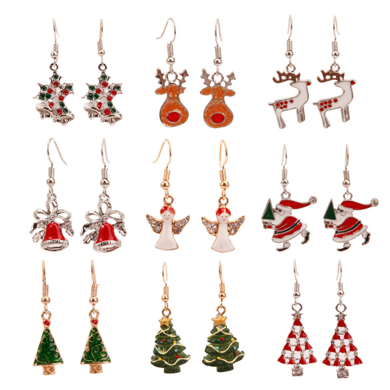 Christmas Earrings Christmas Snowflake Elk Bell Cross-Border Christmas Tree Epoxy Copper Ear Hook Pendant Customization
