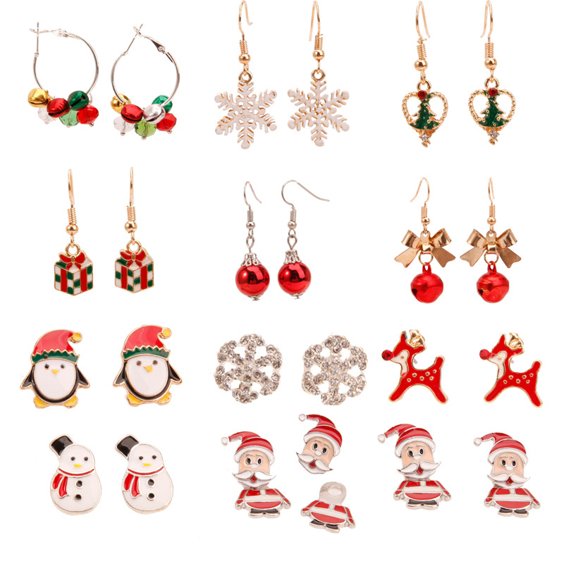 Christmas Earrings Christmas Snowflake Elk Bell Cross-Border Christmas Tree Epoxy Copper Ear Hook Pendant Customization