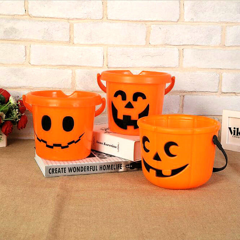 Halloween Decoration Smiley Face Printing Pumpkin Bucket Orange Bucket Straight Bucket Candy Bucket Children Decoration Supplies Props