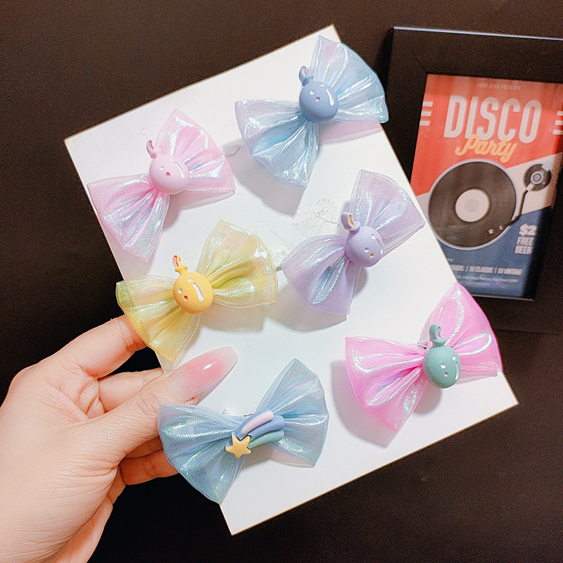 4 Pcs/Card Rainbow Balloon Bow Children Barrettes Mesh Hairpin Girl Cartoon Hair Accessories Side Clip Bang Clip
