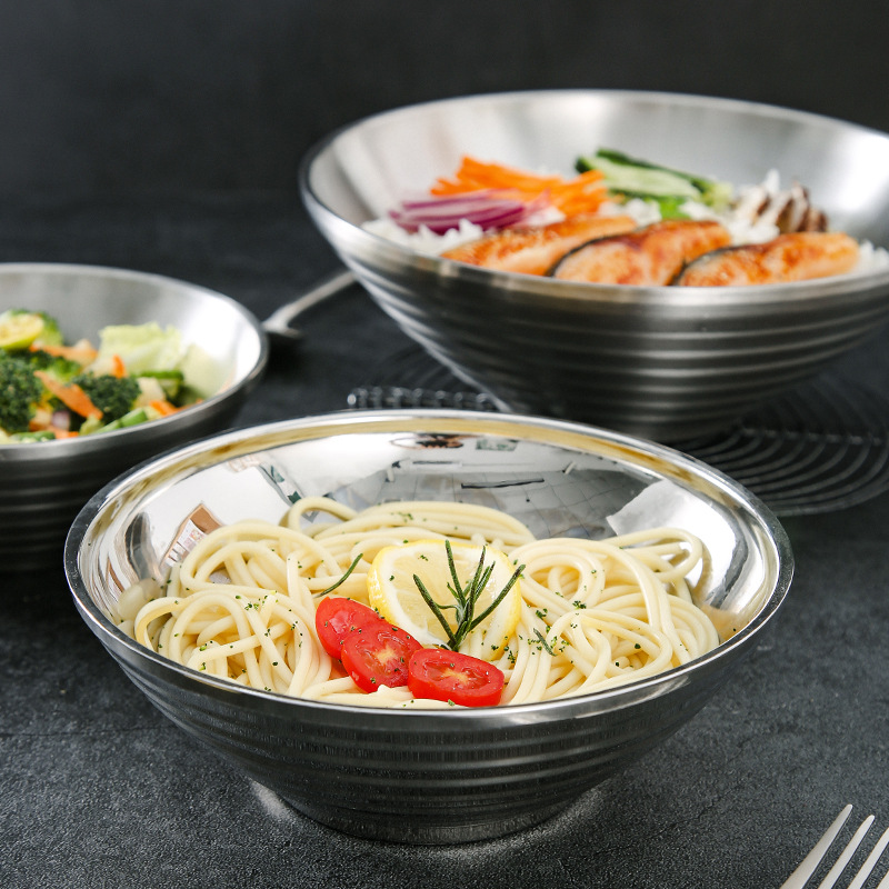 304 Stainless Steel Bowl Threaded Bowl Canteen Ramen Bowl Korean Trumpet Bowl Double-Layer Bowl Male Bowl Rice Bowl Soup Plate