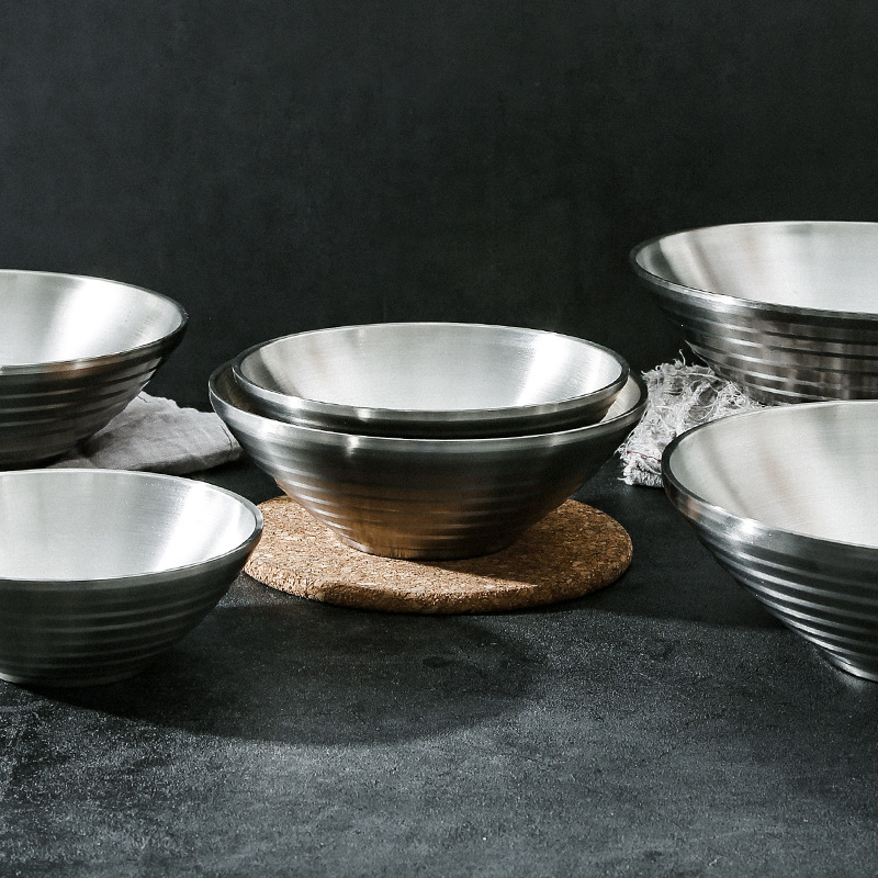 304 Stainless Steel Bowl Threaded Bowl Canteen Ramen Bowl Korean Trumpet Bowl Double-Layer Bowl Male Bowl Rice Bowl Soup Plate