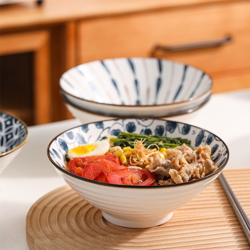 INS Creative Japanese-Style Ceramic Household Large Ramen Bowl Trumpet Bowl Rain-Hat Shaped Bowl Internet Celebrity Instant Noodle Bowl Hand-Painted Tableware