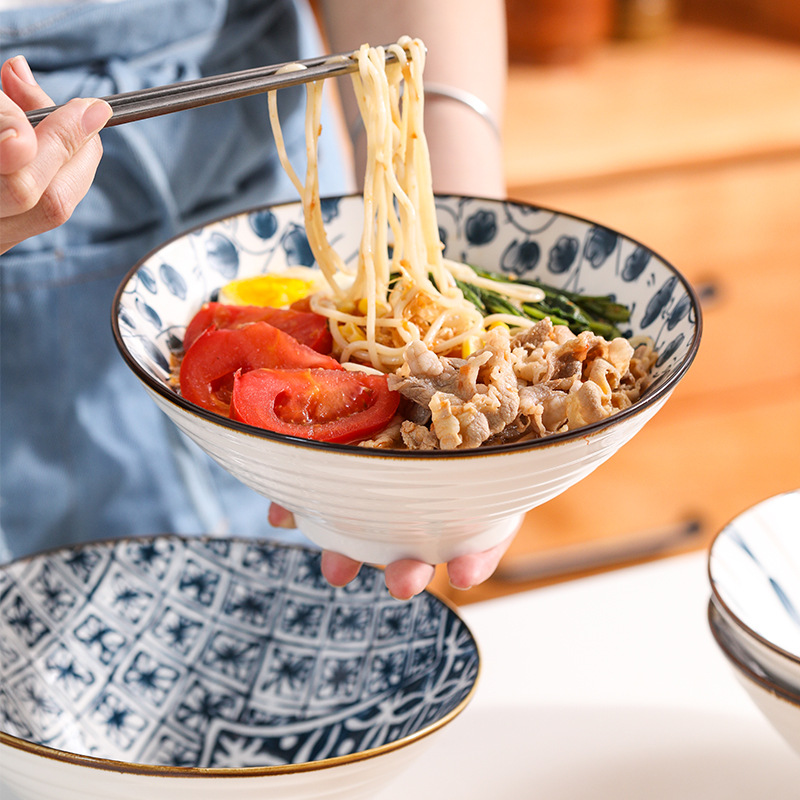 INS Creative Japanese-Style Ceramic Household Large Ramen Bowl Trumpet Bowl Rain-Hat Shaped Bowl Internet Celebrity Instant Noodle Bowl Hand-Painted Tableware