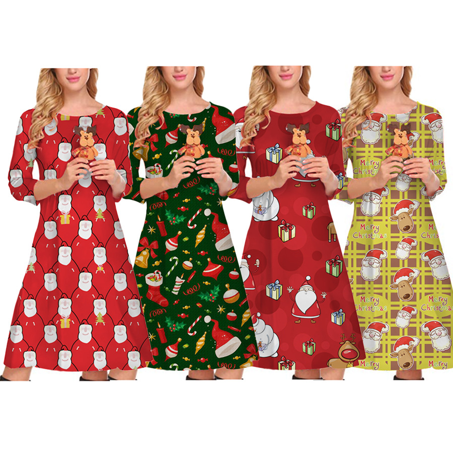 Amazon Hot Sale Christmas Printed Dress Autumn and Winter New European and American Women&#039;s Clothing round Neck 3/4 Sleeves Loose Skirt