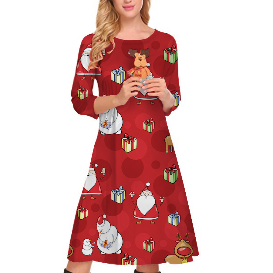 Amazon Hot Sale Christmas Printed Dress Autumn and Winter New European and American Women&#039;s Clothing round Neck 3/4 Sleeves Loose Skirt