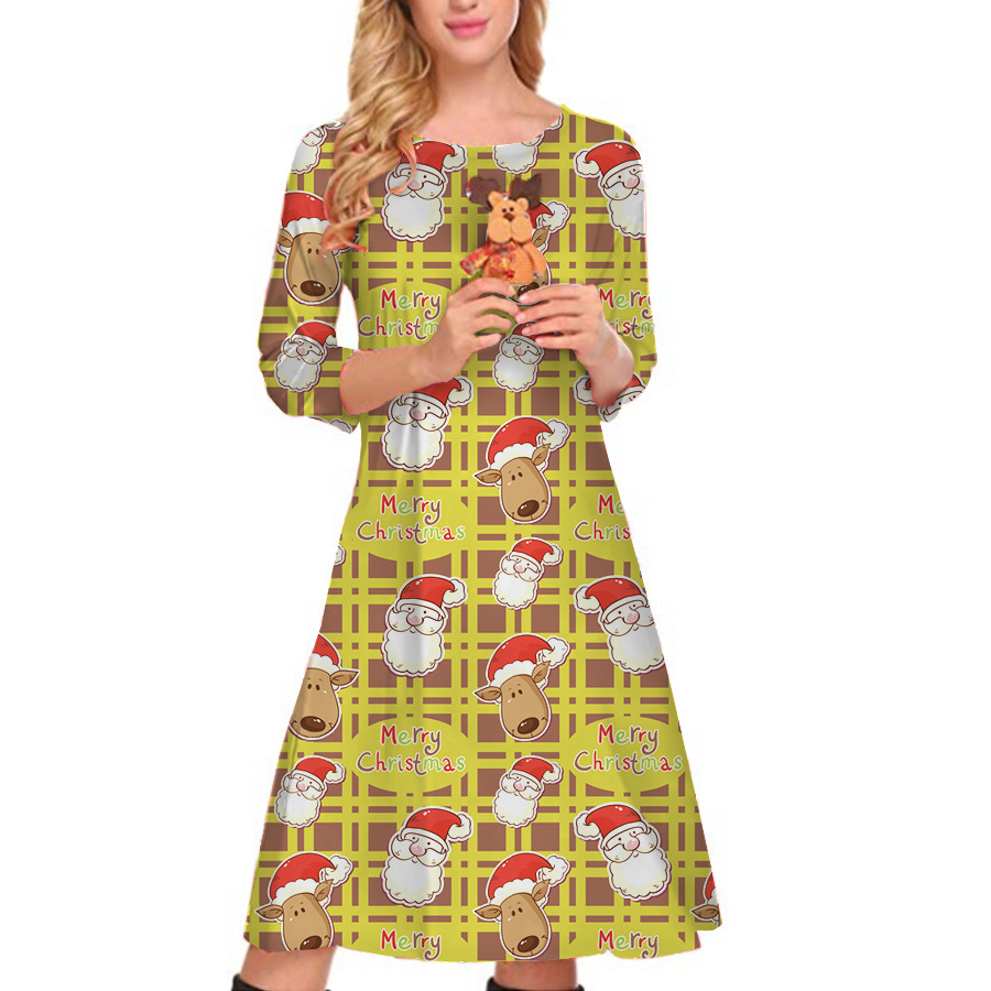 Amazon Hot Sale Christmas Printed Dress Autumn and Winter New European and American Women&#039;s Clothing round Neck 3/4 Sleeves Loose Skirt