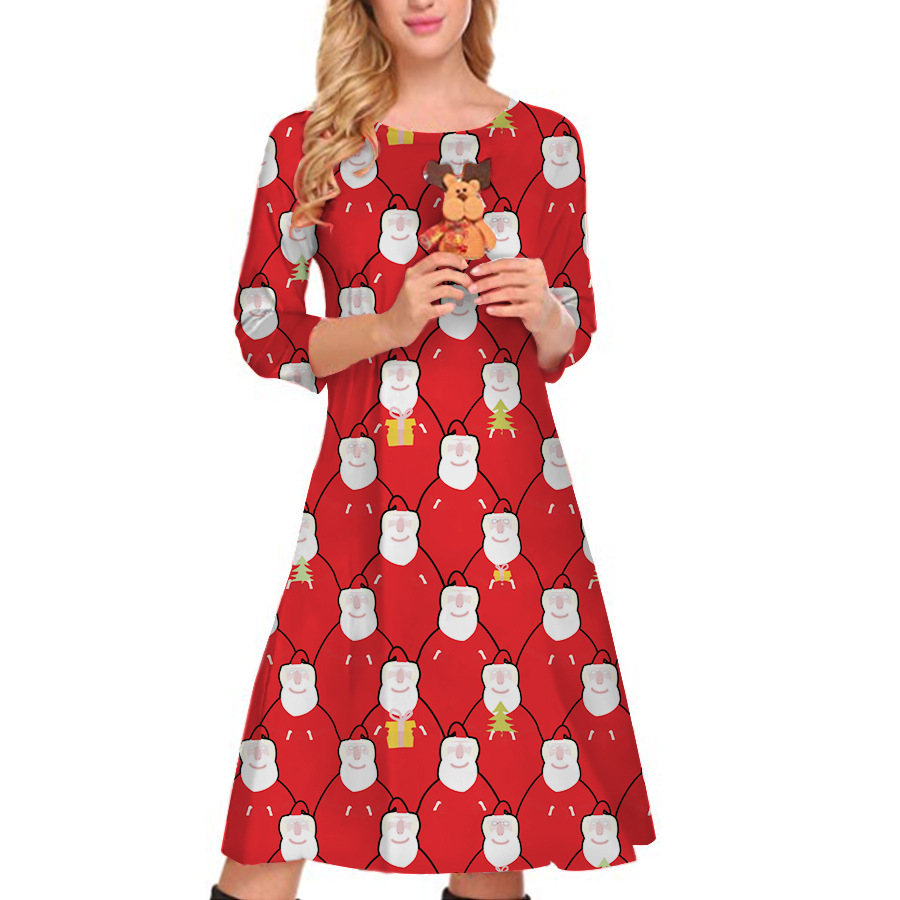 Amazon Hot Sale Christmas Printed Dress Autumn and Winter New European and American Women's Clothing round Neck 3/4 Sleeves Loose Skirt Amazon Hot Sale Christmas Printed Dress Autumn and Winter New European and American Women's Clothing round Neck 3/4 Sleeves Loose Skirt