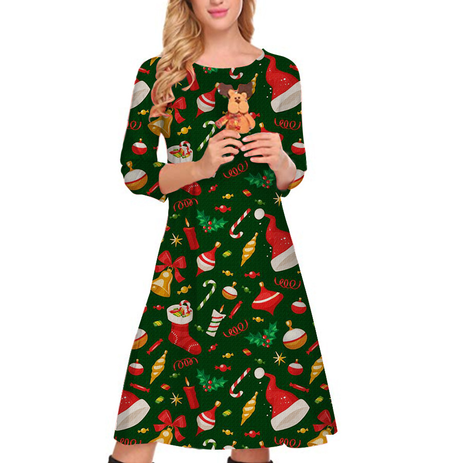 Amazon Hot Sale Christmas Printed Dress Autumn and Winter New European and American Women's Clothing round Neck 3/4 Sleeves Loose Skirt Amazon Hot Sale Christmas Printed Dress Autumn and Winter New European and American Women's Clothing round Neck 3/4 Sleeves Loose Skirt