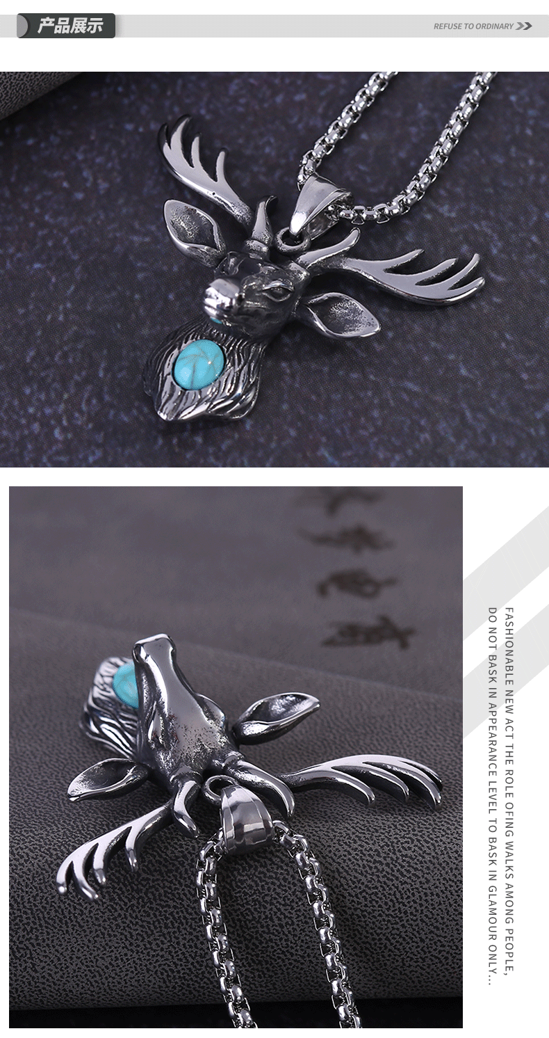 Christmas elk ornaments new men 's stainless steel necklace wholesale Christmas deer head set turquoise pendant gift Christmas elk ornaments new men 's stainless steel necklace wholesale Christmas deer head set turquoise pendant gift