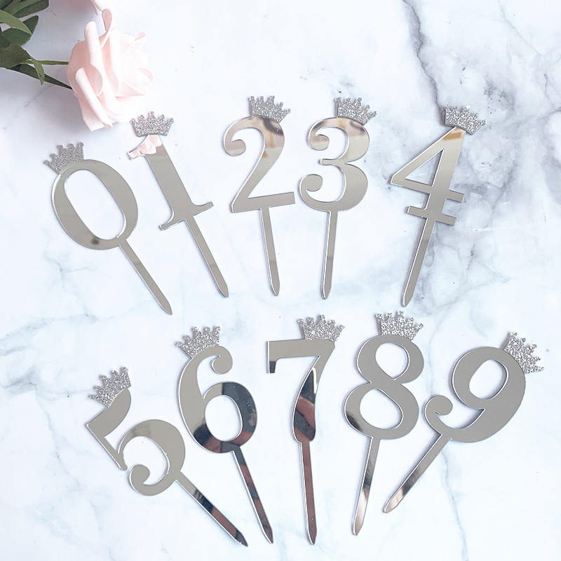 Birthday Cake Decoration Gold, Small Size Glitter Crown Number Acrylic Cake Insertion Baking Dessert Dress up